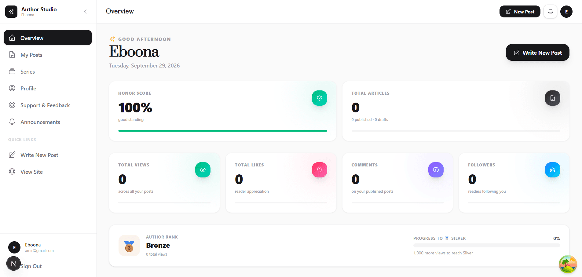 Eboona Author Studio dashboard